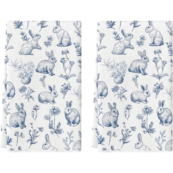 Rabbit Flowers Happy Easter Spring Kitchen Towels Dish Towels, 18x26 Inch Farmhouse Summer Decoration Cleaning Set of 2