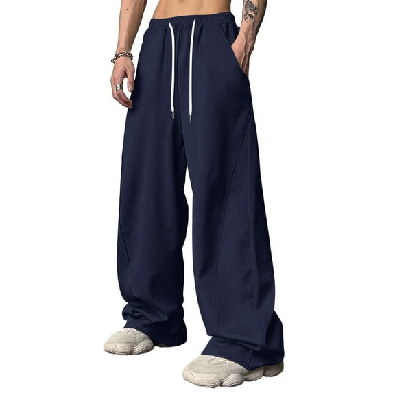 Nokdvo Mens Baggy Pants Lightweight Drawstring Elastic Waist Wide Leg Track Pants Fall Winter Baggy Casual Long Pants with Pocket,Dark Blue XL