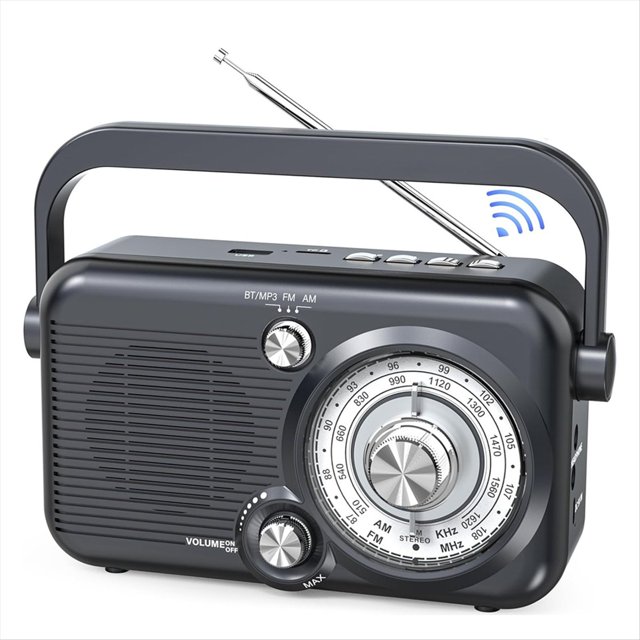 Radio Portátil Bluetooth AM FM, 1200mAh Batería de Radio Altavoz, Soporte de Tarjeta SD y Reproductor de MP3 USB, Retroiluminación