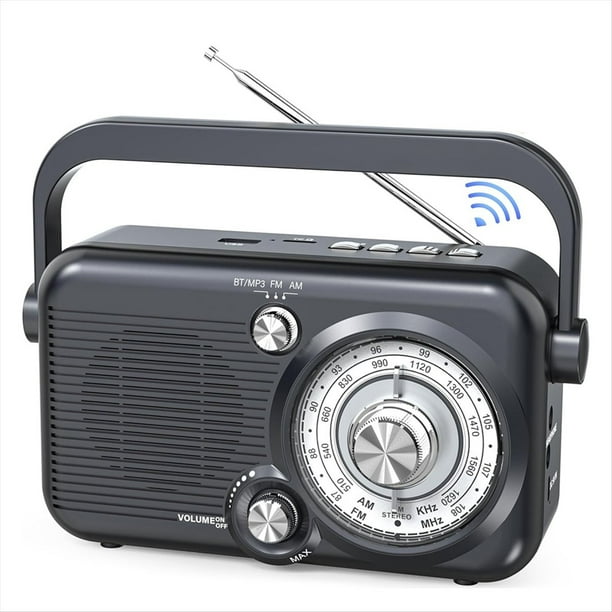 Radio Portátil Bluetooth AM FM, 1200mAh Batería de Radio Altavoz, Soporte de Tarjeta SD y Reproductor de MP3 USB, Retroiluminación