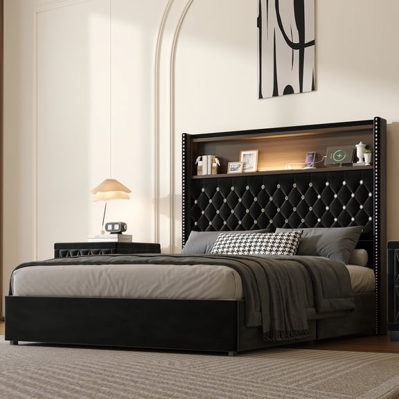 Full Size Velvet Tufted Platform Bed Frame with USB Port and Night Light, 52'' High Rivet-Decorated Headboard with Shelf - Black