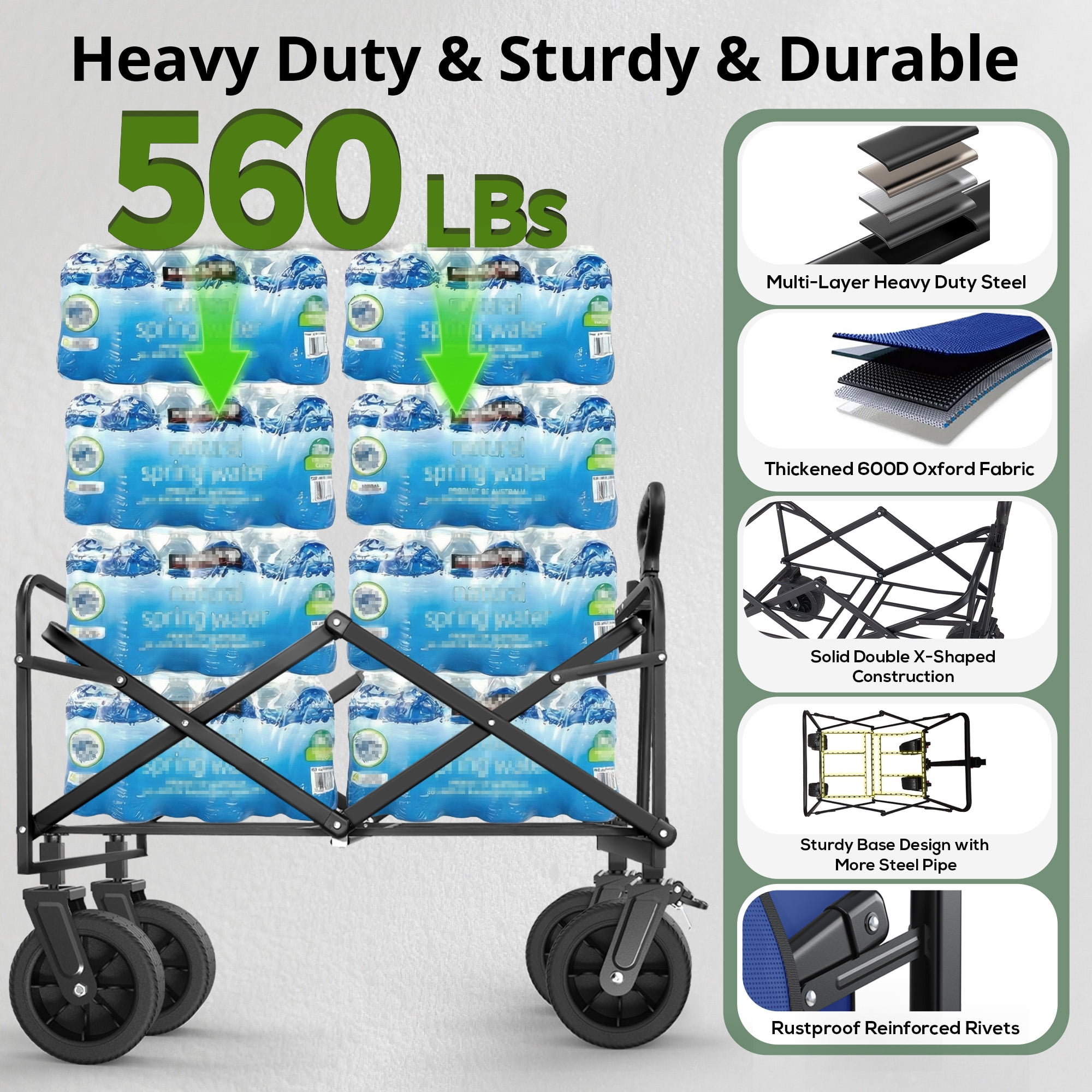 Qunler 560lbs Collapsible Folding Wagon, Heavy Duty Utility Beach Cart with 8" Wheels and Side Pocket, Large Capacity for Camping, Beach, Shopping, Sports, Outdoor, Blue