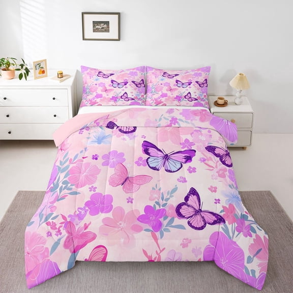 Erosebridal Flying Butterflies Full Size Comforter Sets 3 Pieces For Teens,Girls Spring Garden Flowers Bedding Sets,Pink Purple,Pink Reversible