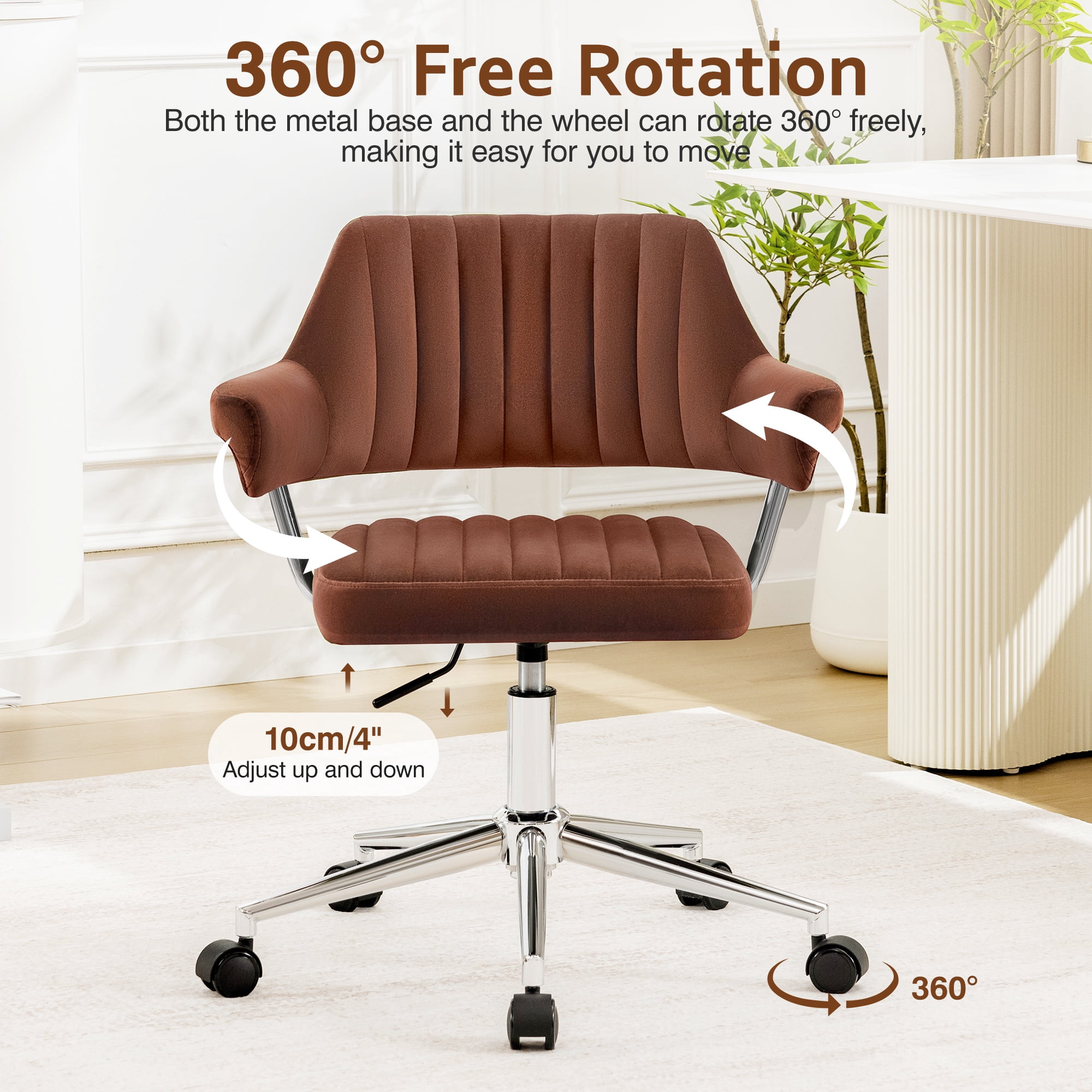 COOLHUT Modern Swivel Office Desk Chair, Velvet Leather Chair with Back and Wheels, Height Adjustable Comfy Home Office Chair, Simple Assembly For Living Room, Bed Room, Rust Red