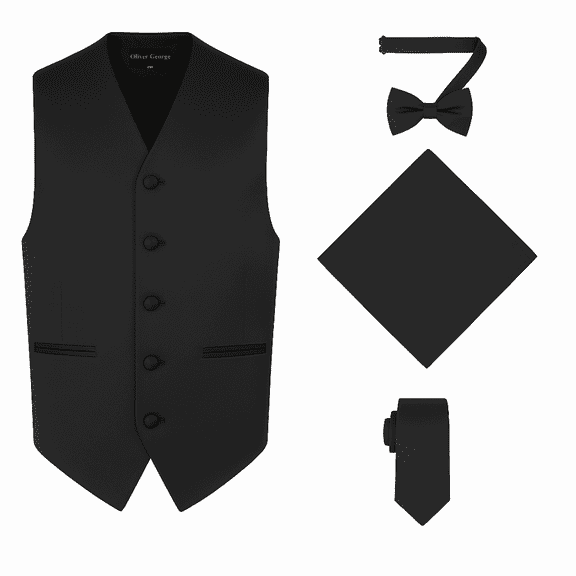 Oliver George 4pc Men's Solid Formal Suit Waistcoat Tuxedo Dress Vest Necktie BowTie Handkerchief Set For Suit or Tuxedo Black Medium