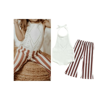 

Toddler Kid Baby Girls Summer Clothes Set Sleeveless Tie-up Halterneck Knit Vest and Floral/Striped Print Flare Pants/Shorts