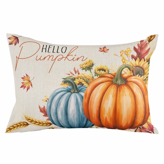 Orange Blue Pumpkins Fall Throw Pillow Cover 12 x 20 Inch Decorative Pillow Cover Thanksgiving Botanical Floral Rustic Lumbar Pillowcase Seasonal Rectangle Cushion Case for Couch Sofa Bed Living Room