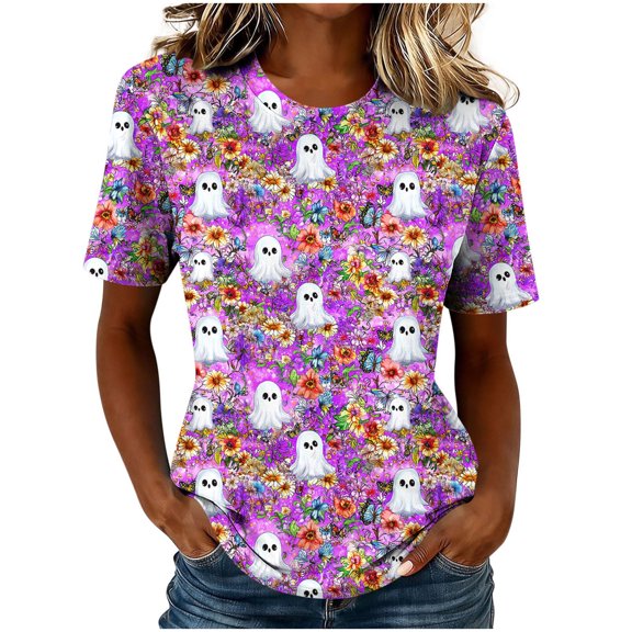 Uootdi Halloween Womens Shirts Crew Neck Short Sleeve Watercolor Ghost Floral All Over Print Pullover Tee Loose Fit Cottage Holiday Womens Tops