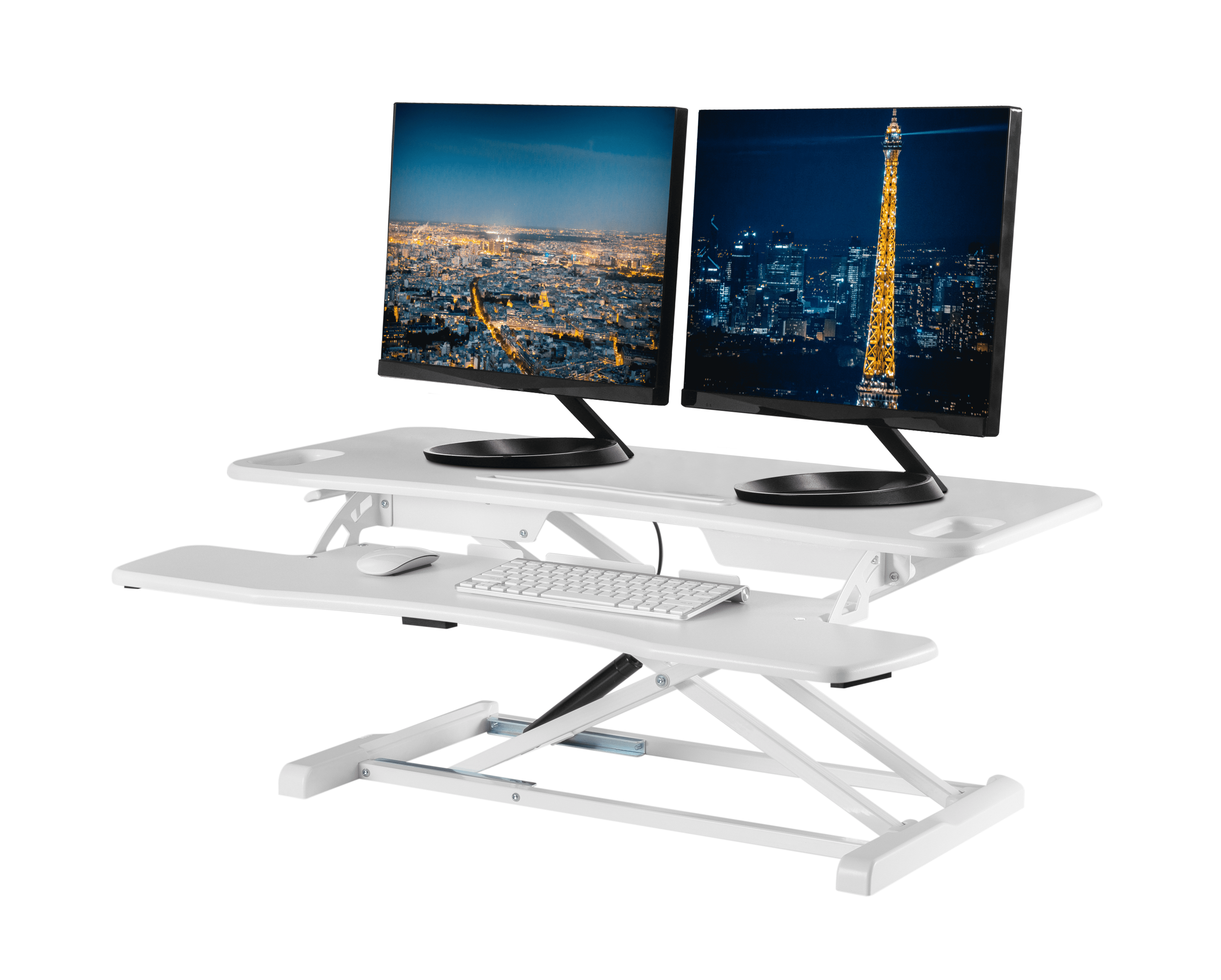 TechOrbits Standing Desk 37 Stand Up Desk Converter Wood Brown Tabletop Sit Stand Desk Fits Dual Monitors Two Tiered Height Adjustable Workstation 