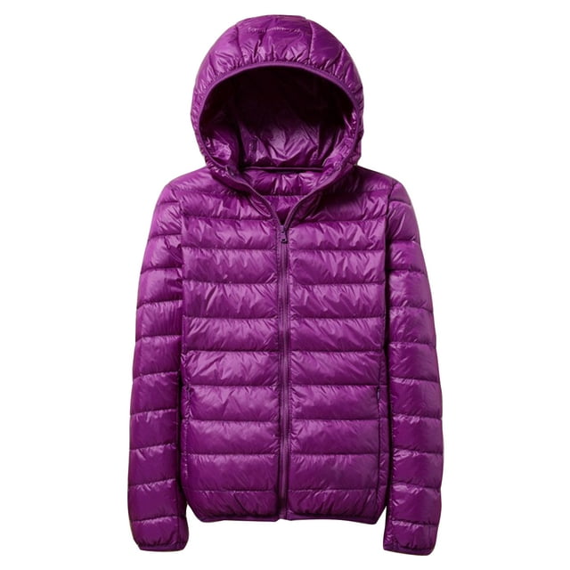 LUXUR Manteau Matelassé pour Femme à Capuche, Manteau d'Extérieur avec Poches, Doudoune Résistante à l'Eau, Fermeture Éclair Intégrale, Violet, 4TG