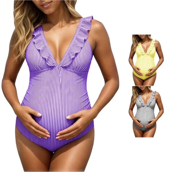 Gyujnb Striped Maternity One Piece Swimsuit V Neck Flounce Ruffle Side Shirring Back Tie Elastic Support Swimwear for Pool Beach,XL