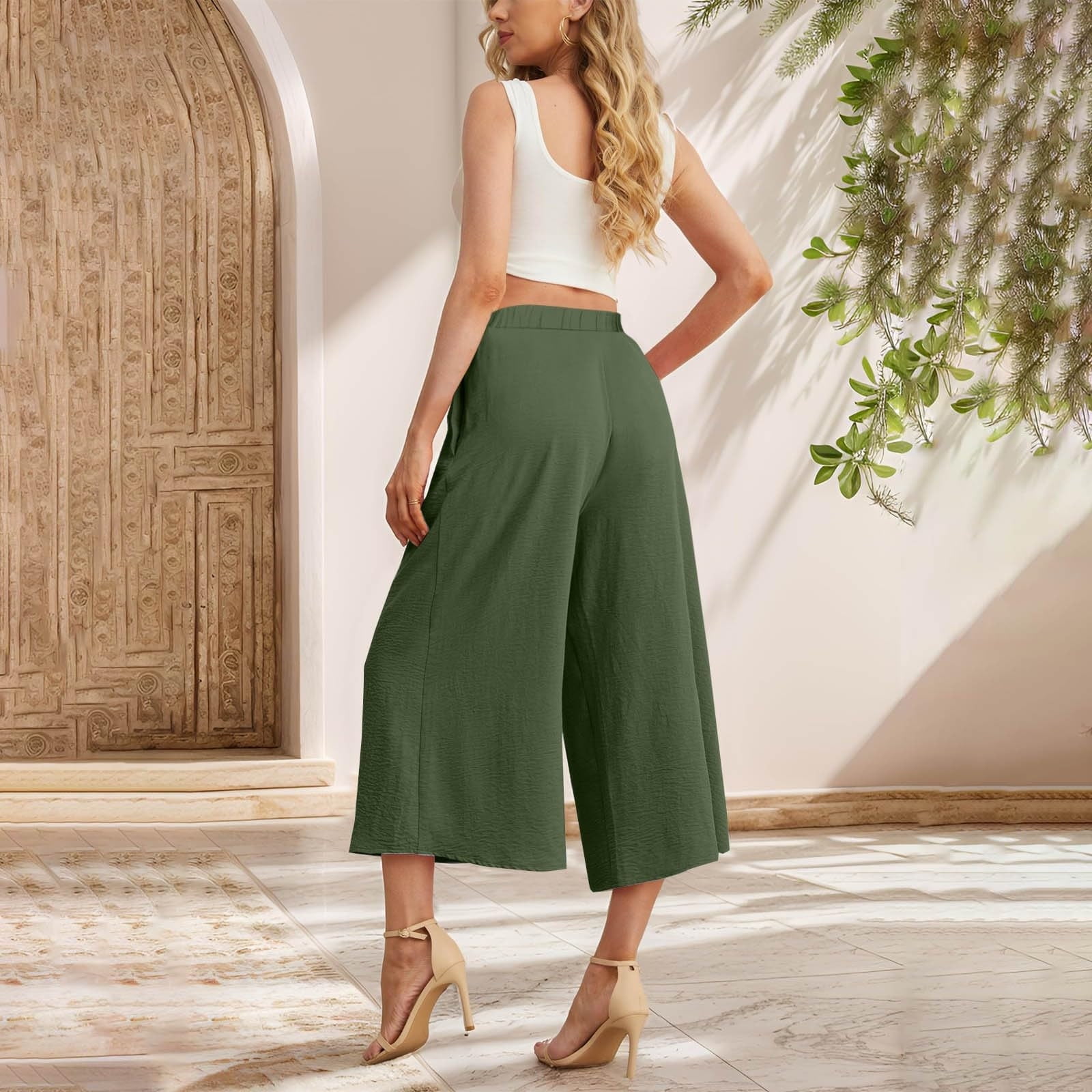MaFYtyTPR Capri Pants for Women Solid Color High Waist Wide Leg
