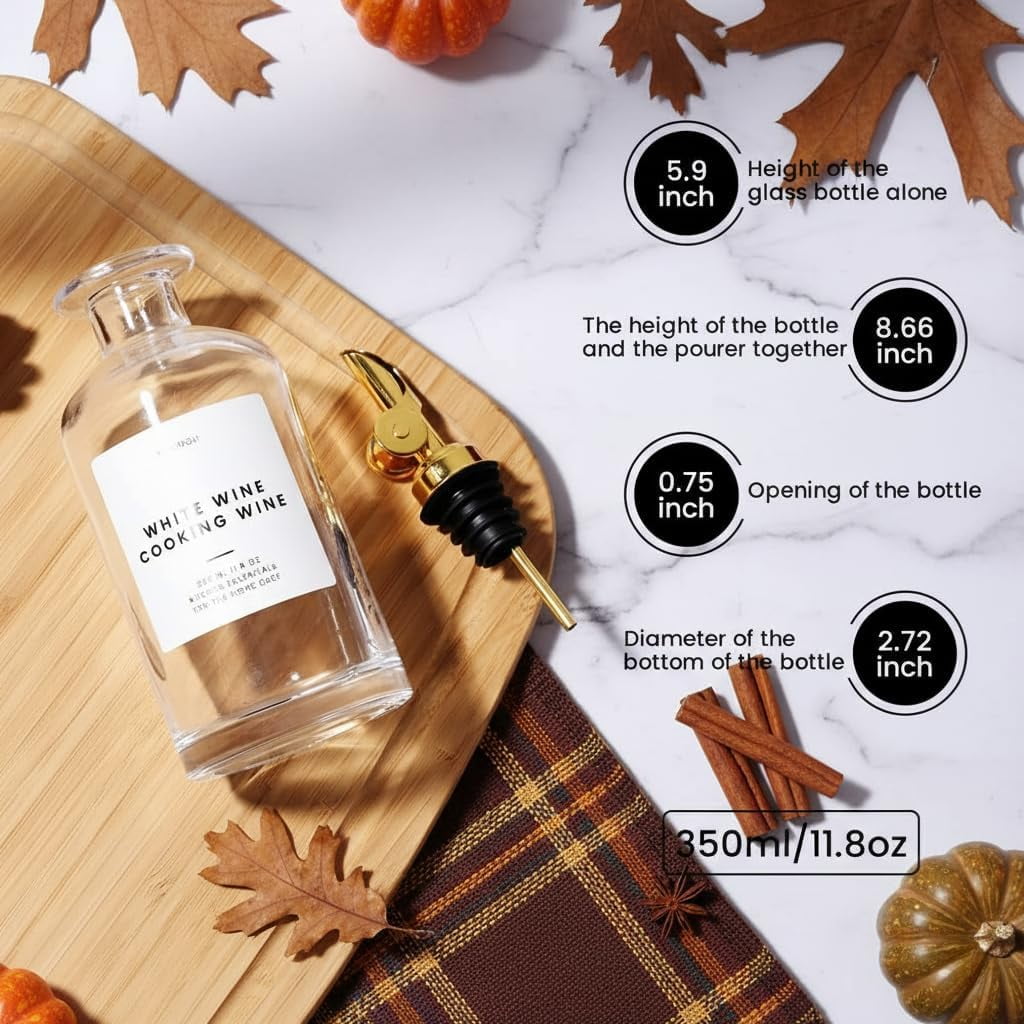 Olive Oil Dispenser Bottle - Includes Kitchen Essential Labels - Cooking Oil Bottles for Kitchen, Coffee Syrup Dispenser - Pourer Spout with 16.9 fl oz Glass Container Cruet - 2pcs, Gold