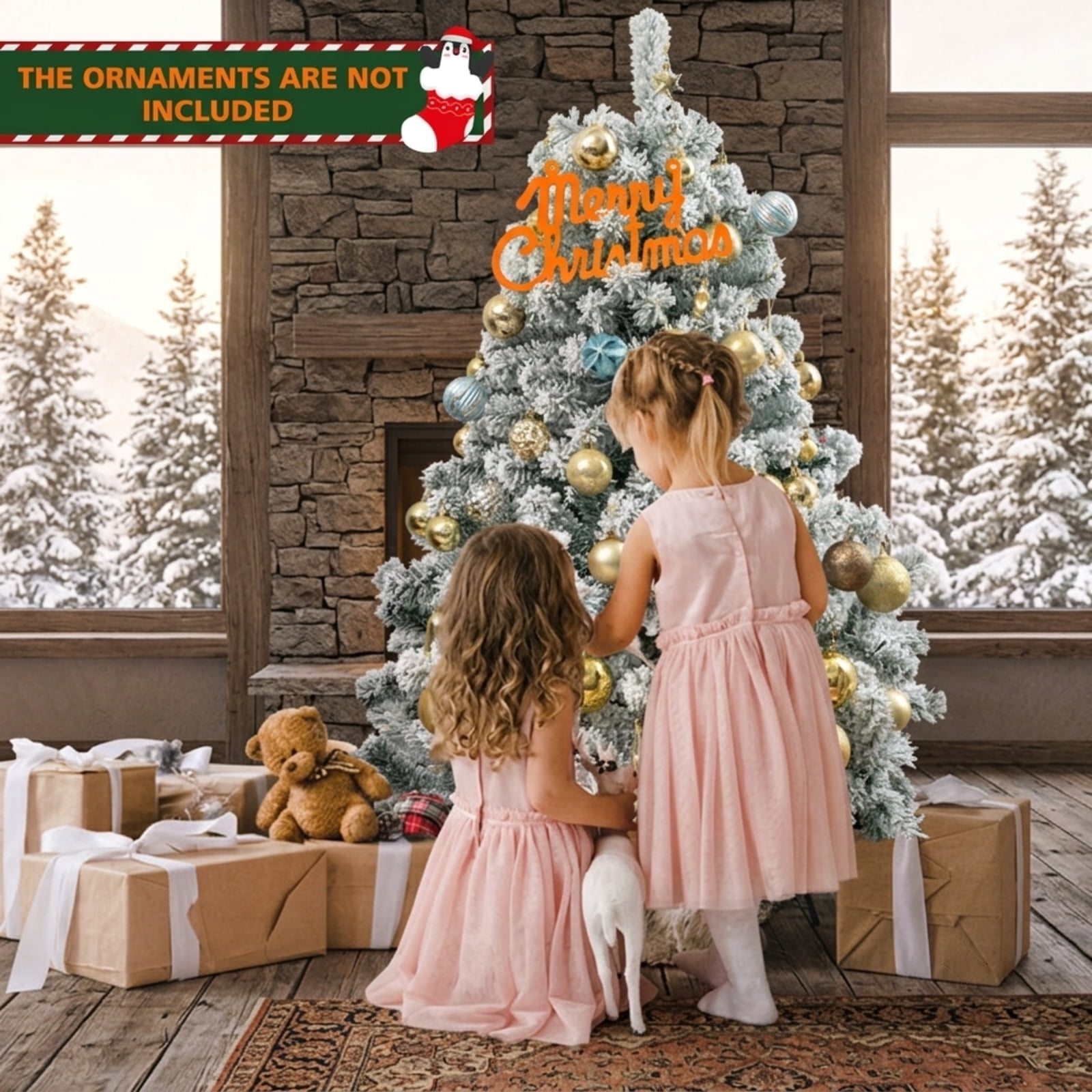 RUIE 4.5 ft Snow Flocked Christmas Tree, Pre-Lit Green White Artificial Xmas Tree with 150 LED Lights and 295 Branch Tips, Tabletop