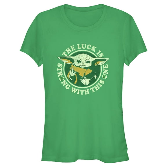 Junior's Star Wars: The Mandalorian St. Patrick's Day Grogu Luck is Strong with this One Distressed Graphic Tee Kelly Green Large