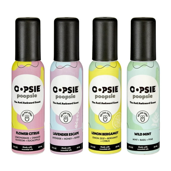 OOPSIE POOPSIE VARIETY PACK Flower Citrus, Lavender Escape, Wild Mint and Lemon Bergamot Before & After You Go Toilet Spray 2oz - 4 Pack Gift Set - Portable Odor Eliminator