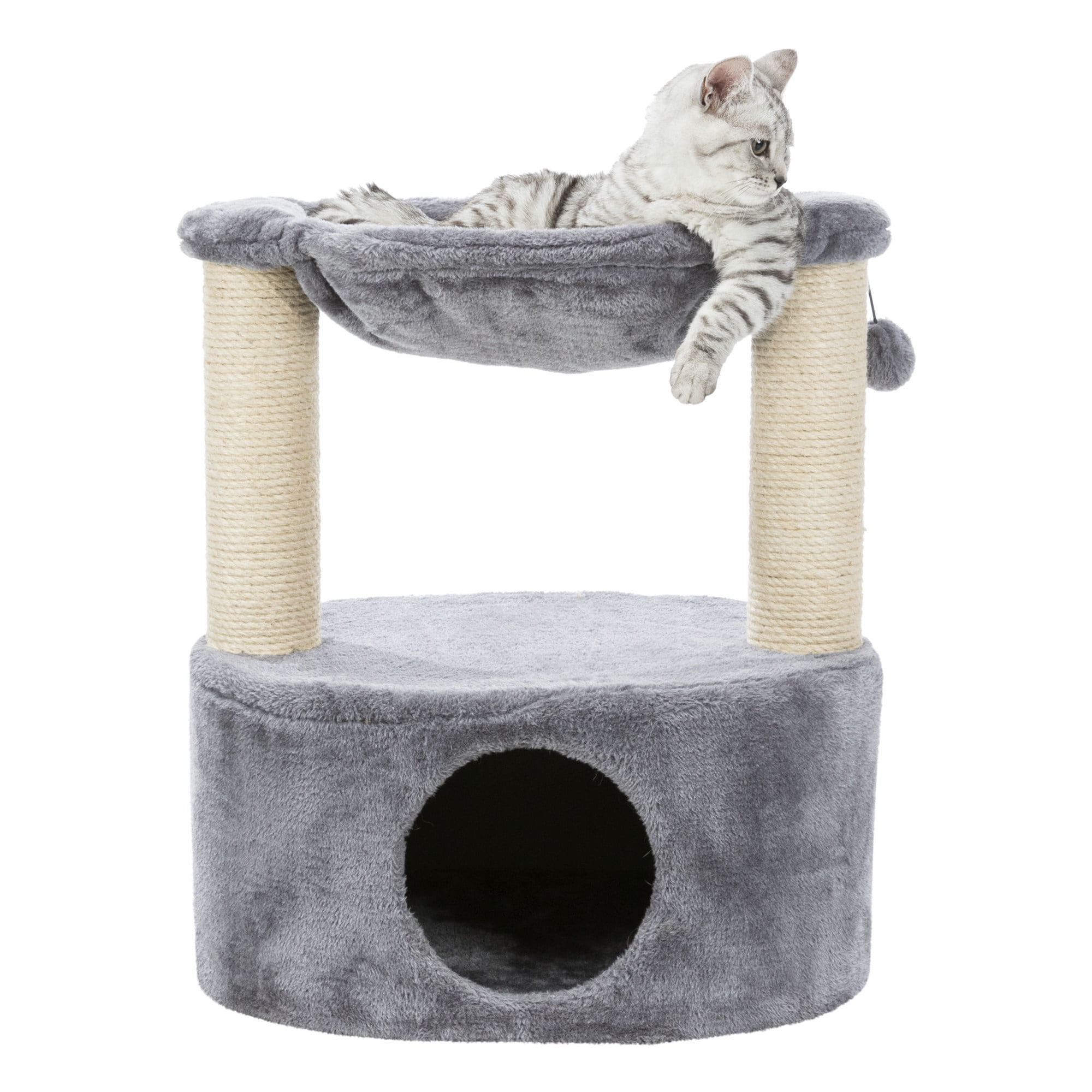 TRIXIE Baza Grande Plush & Sisal 24" Cat Tree, Cat Condo and Hammock, Cat Toy, Gray