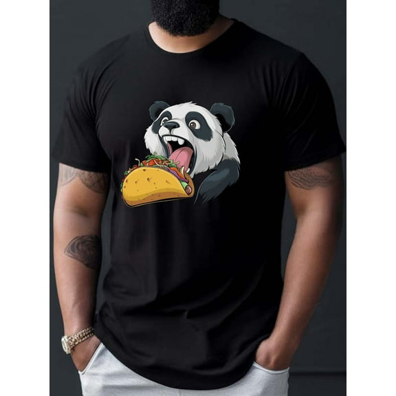 Cartoon Panda Eating Taco Graphic Print Men's Crew Neck Short Sleeve Tees, Casual T-shirt, Summer Slight Stretch Comfortable & Breathable Top For Everyday Wear