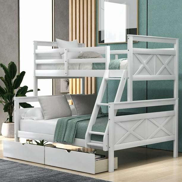 Euroco Twin Over Full Wood Convertible Bunk Bed with 2 storage drawers