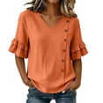 thumbnail image 2 of ClodeEU Women's V Neck Flared 3/4 Sleeve Blouse,Asymmetric Side Button Solid Color Casual Top Orange,Women's Plus M, 2 of 8