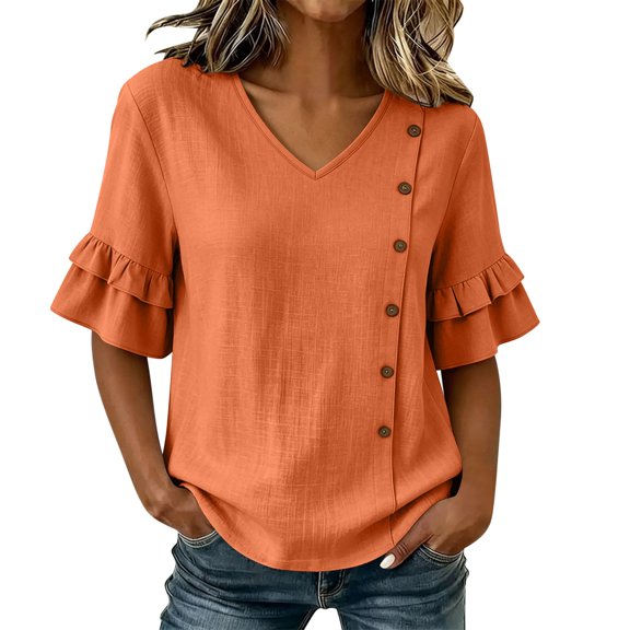 RQYYD Womens Short Sleeve V Neck Button Ruffle Tops Casual Linen Blouses Loose Fit Tee Shirts Daily Clothes