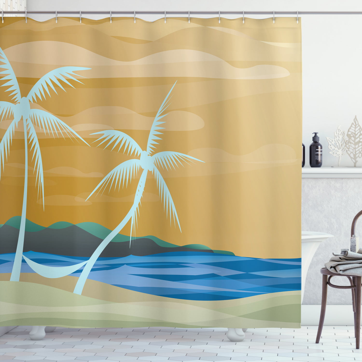 Sunset Cartoon Tropic Beach Starfish Palms Ocean Art Print Shower Curtain J 