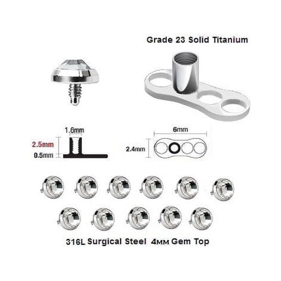 25 Titanium base & 4 mm top Dermal Anchor Piercing Jewelry with Clear CZ Gems