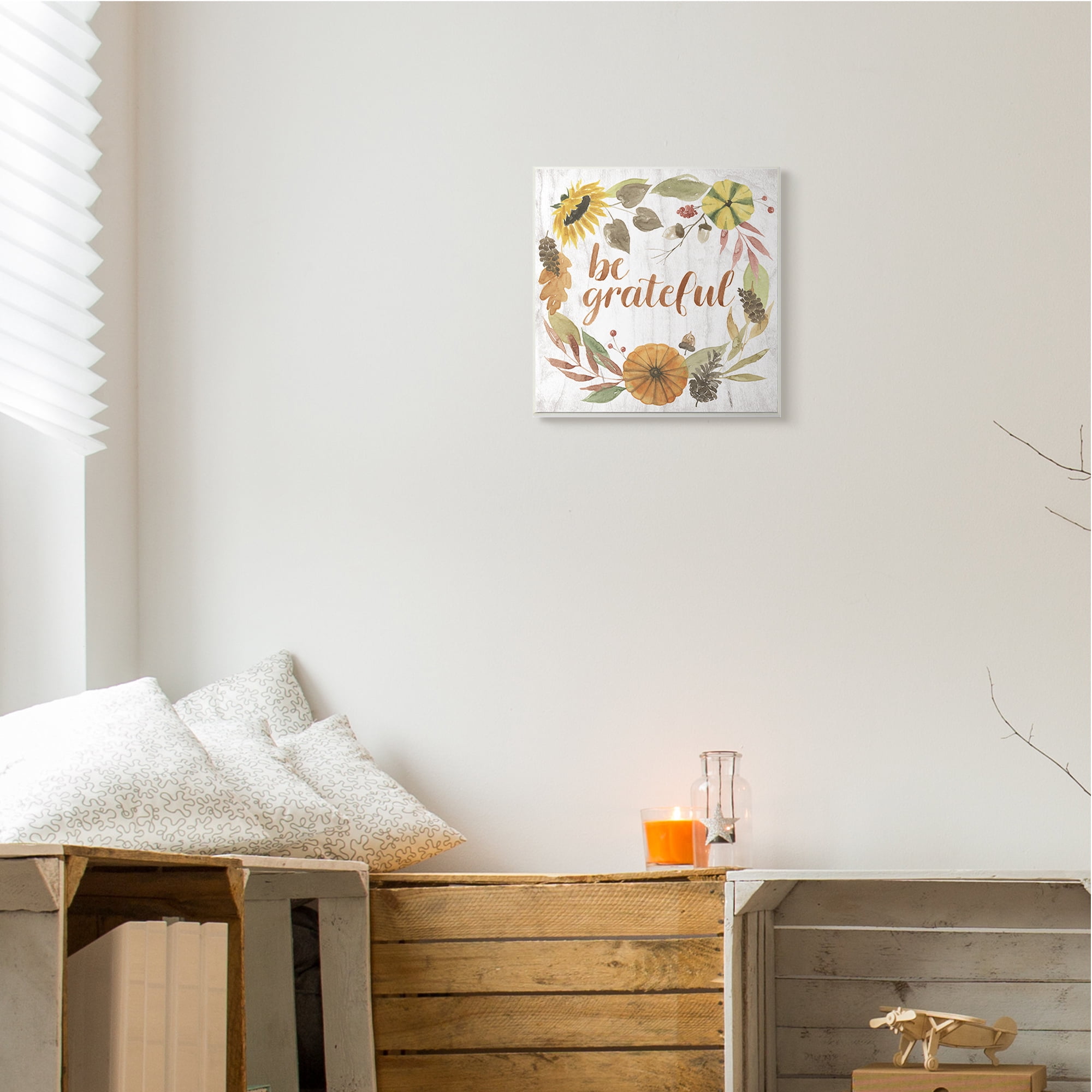 Stupell Industries Be Thankful Whimsical Text Autumn Foliage Inspirational Painting Unframed Art Print Wall Art, 12 x 12