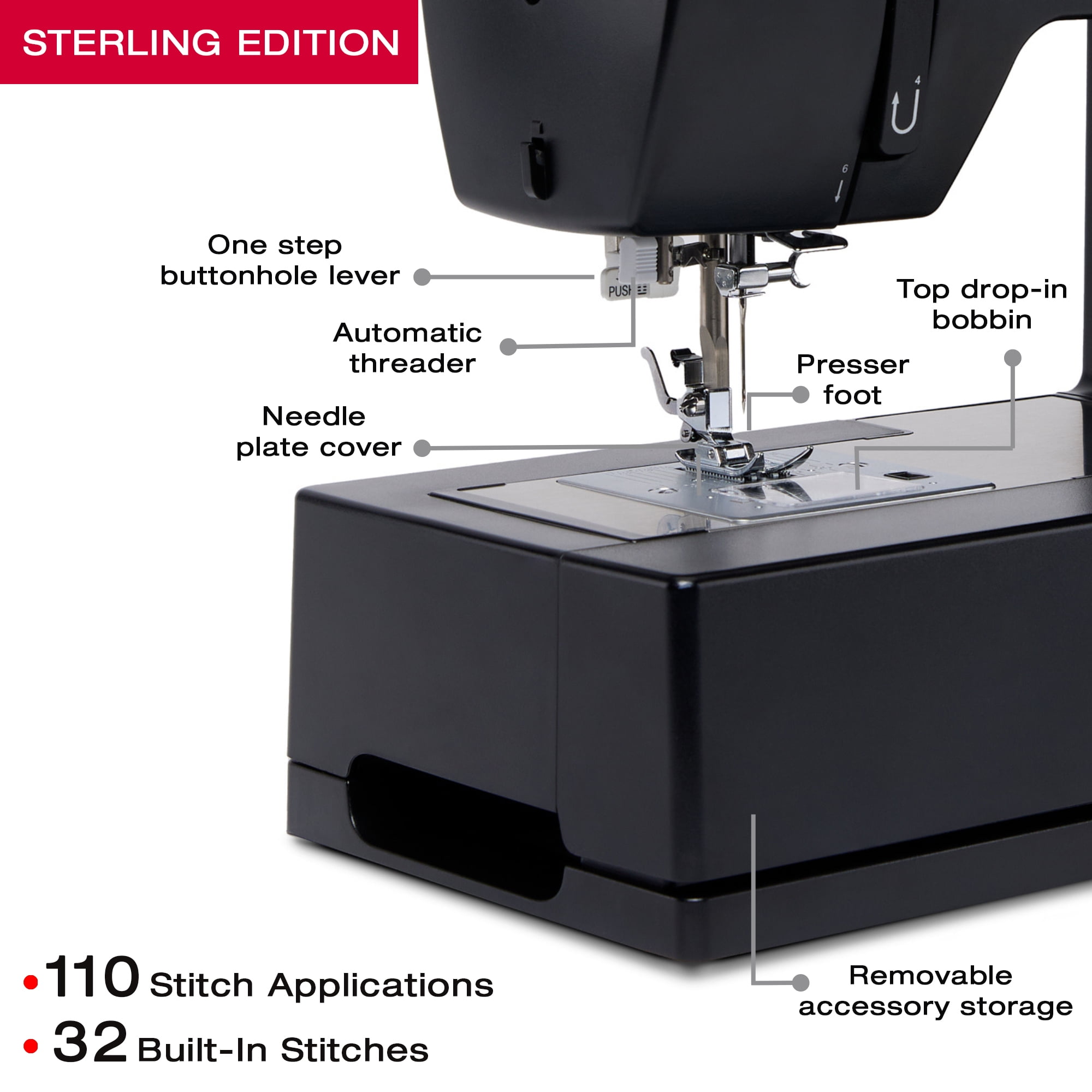 SINGER® Sterling Edition Heavy Duty 4432 Sewing Machine with Accessory Kit | Strong Motor with Enhanced Piercing Power | 110 Stitch Applications | Full Metal frame & 1-step Buttonhole