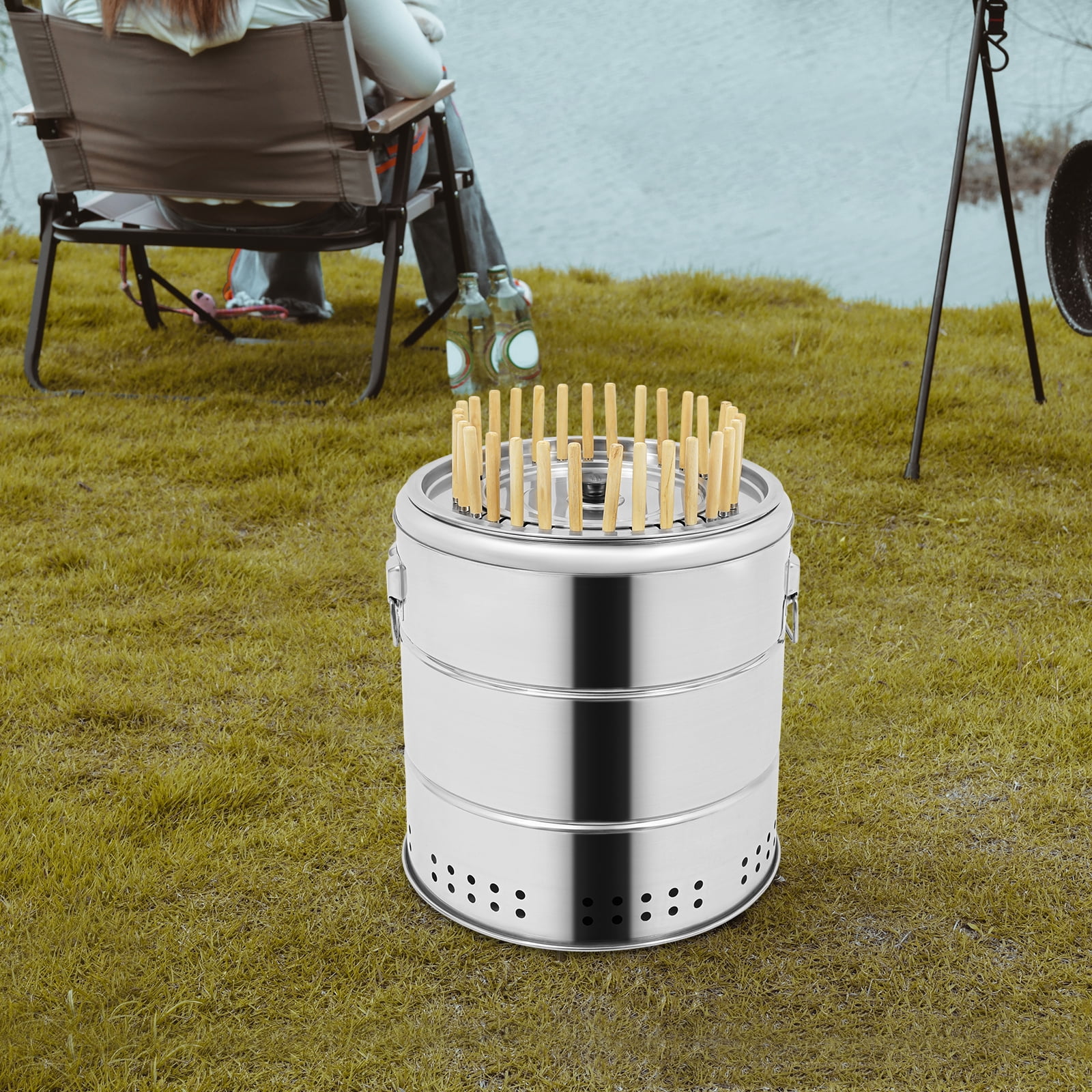 Modern Silver Stainless Steel Surround Charcoal Kebab Grill with 30 Skewers and BBQ Grill Cooking Grate
