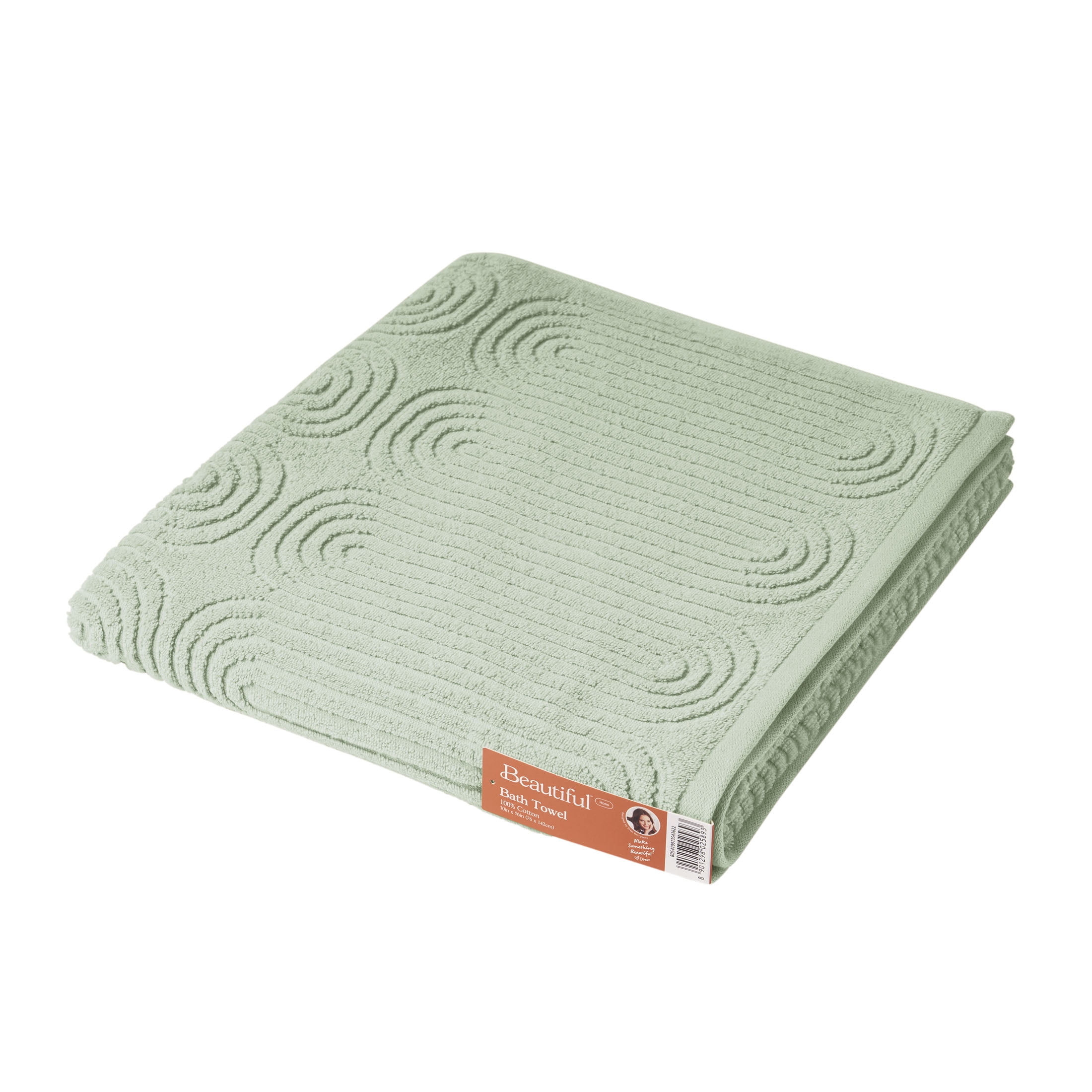 Beautiful by Drew Barrymore Textured Bath Towel, Soft 100% Cotton, Sage Green