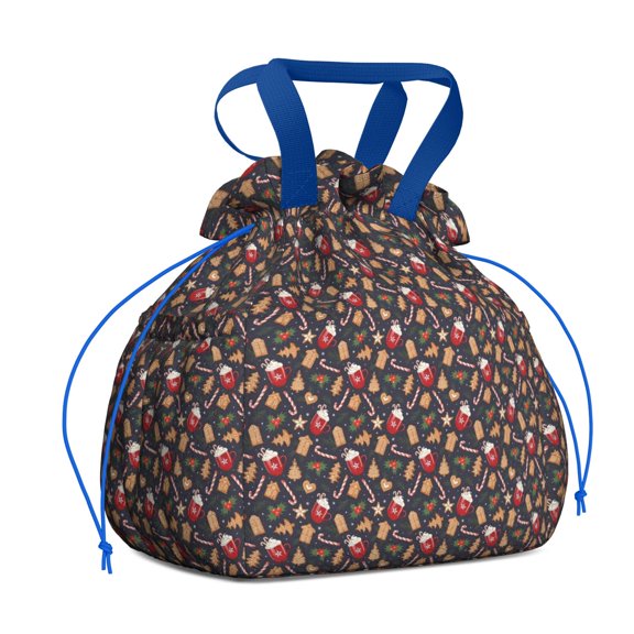 Dark Christmas Drink and Cookie Pattern Drawstring Lunch Bag Women - Drawstring Lunch Bag Insulated for Work Office - Stain-Resistant Large Lunchbags for Women with Multi-Pockets