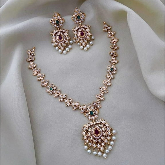 South Indian Bollywood Gold-Plated Floral Kemp Short Necklace Set – AD CZ Multicolor Stone & Pearl Matte Finish Brass Jewelry with Drop Earrings