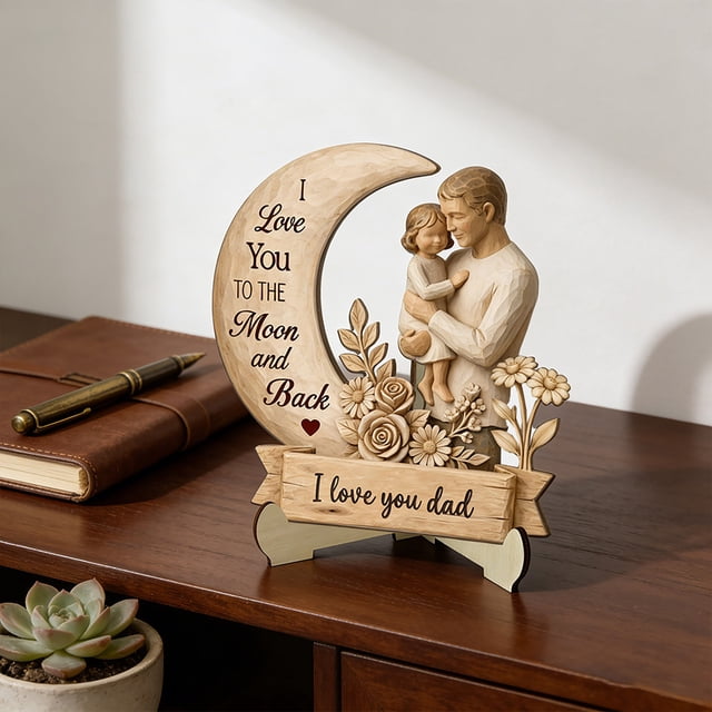 Figureta de madera para padres adornos en forma de corazón • Decoración de escritorio I Love You • Escultura artesanal de madera natural • Regalo de cumpleaños para el Día del Padre
