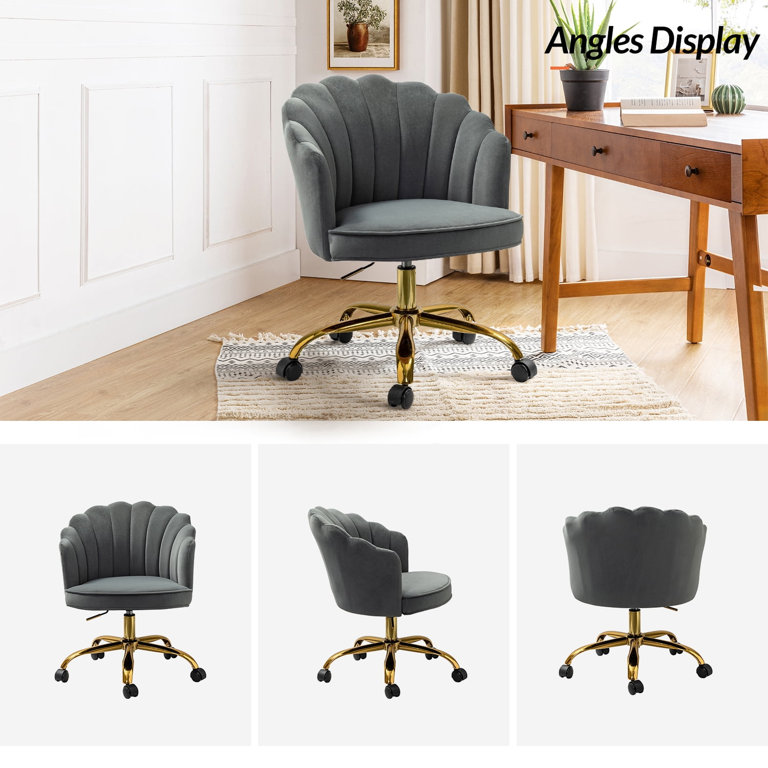 Tina's Home Vanity Makeup Desk Office Chair Velvet Shell Backrest Upholstered Swivel Adjustable Gold Metal Base Bedroom Grey