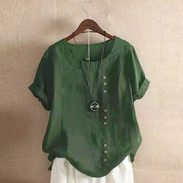 ICHUANYI Clearance Womens Summer Casual Solid Color Round Neck Short Sleeve Tops Buttons Blouses(Army Green, S) ICHUANYI WER2023080701744