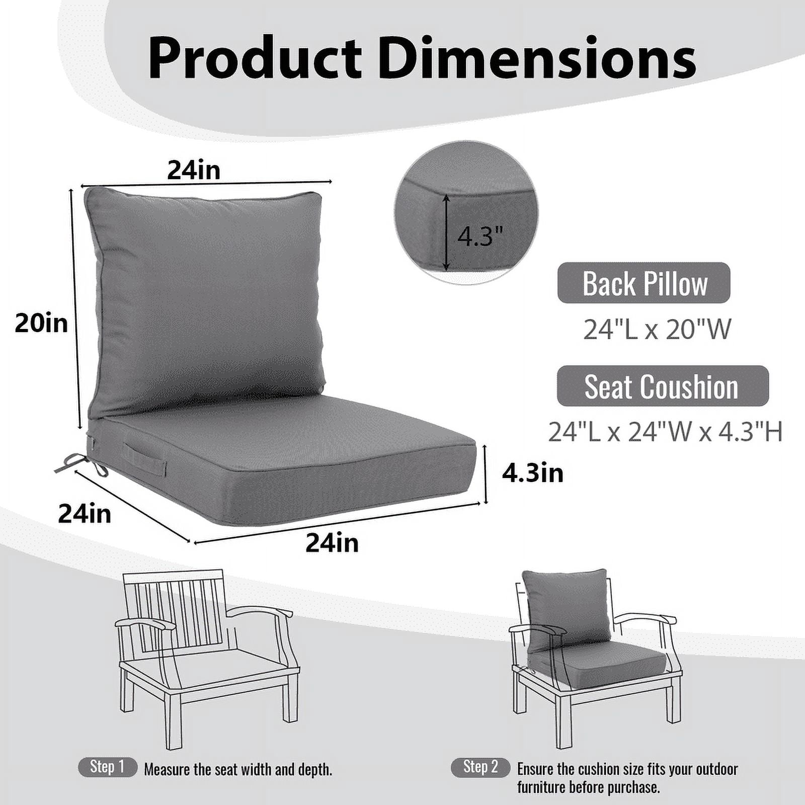 SDJPOI 2 Set Outdoor Deep Seat Cushions, 24"x24"X4.3" Waterproof Fade-Resistant Patio Furniture Cushions with Removable Covers & Adjustable Ties for Chairs, Sofa, Couch