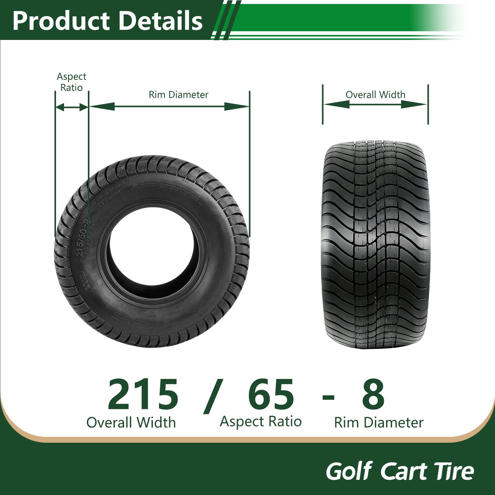 Hi-Run 2 Set P825 215/60-8 4PR Turf Safe Tubeless Golf Cart Tires Fits 18X8.50-8, 18X8.5-8