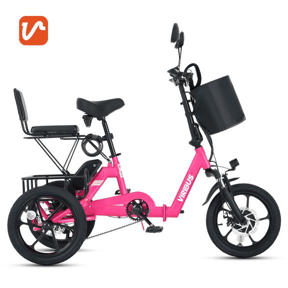 VIRIBUS Folding Electric Tricycle with 2 Seats, 350W 16 in. Foldable Electric Tricycle with Differential Lock UL Certified 48V 10.4Ah Battery, Single-Speed 3 Wheel Electric Bike for Adults Pink