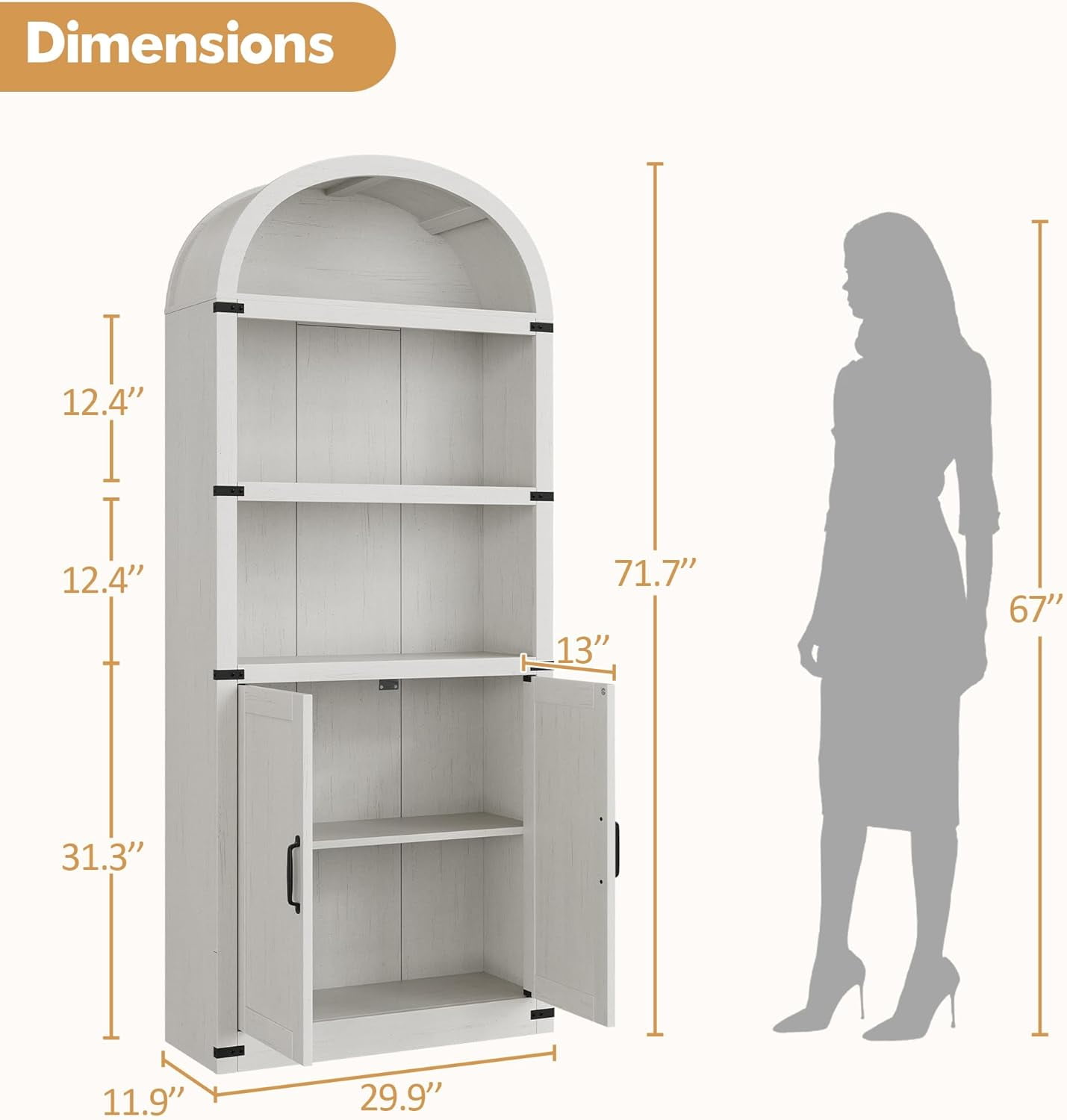 Accreate Bookcase with Doors Arched Bookshelf 71.65in Tall Bookcase Farmhouse Cabinet with Shelves Wooden Bookshelves for Home office, Living Room