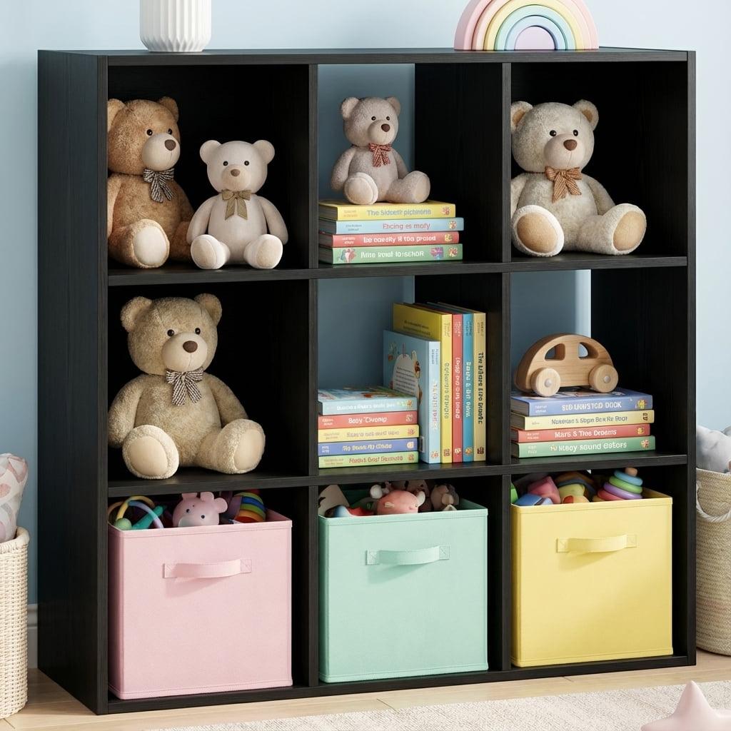 TrumanPick 9 Cube Storage Organizer, Stackable Cube Bookshelf, Wood Cubes Shelf Open Storage Shelf for Toy &Clothes Book Organization, Blakck