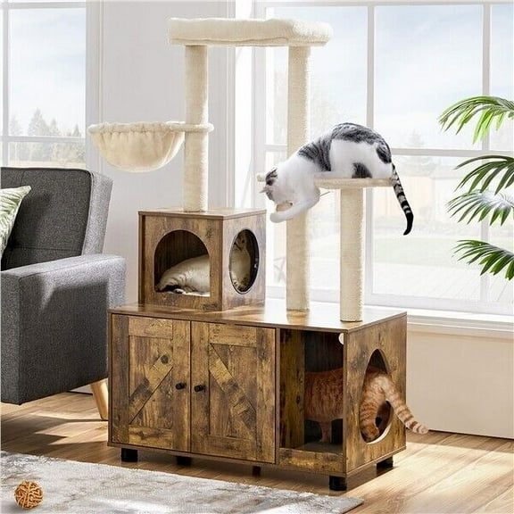 PetFurnishn Cat Tree Tower w/ Litter Box Enclosure All-in-one Cat Furniture Hidden Cat Condo