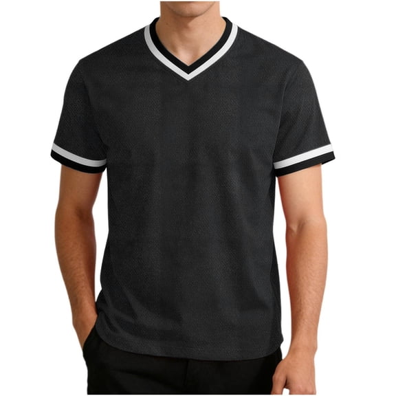 LMOIPLI Men's Contrast Trim V Neck Short Sleeve T-Shirt Classic Crew Neck Casual Tee Breathable Summer Sporty Top for Daily Black M