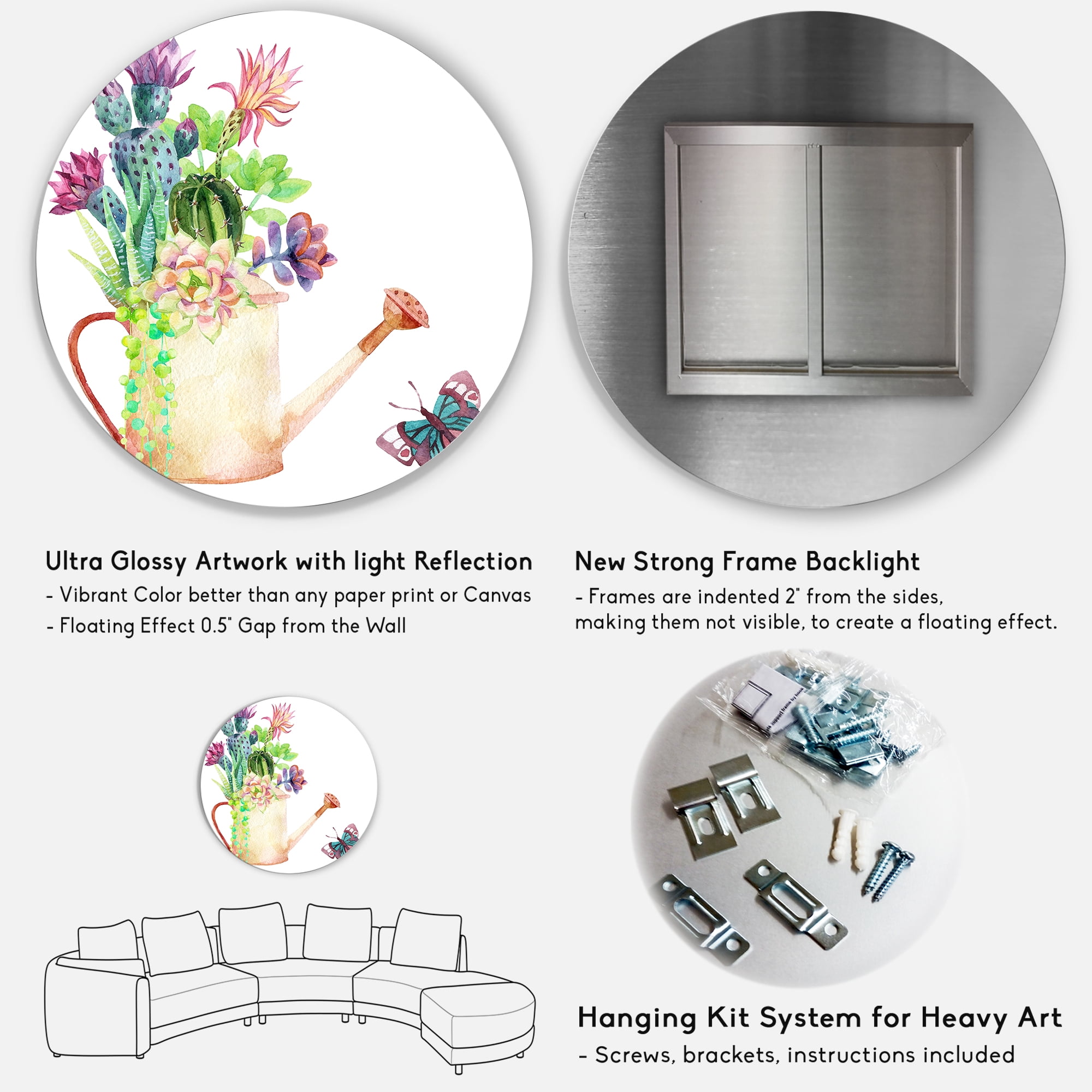 Designart 'Succulents In Old Watering Can With Butterfly' Farmhouse Circle Metal Wall Art 11x11 - Disc of 11