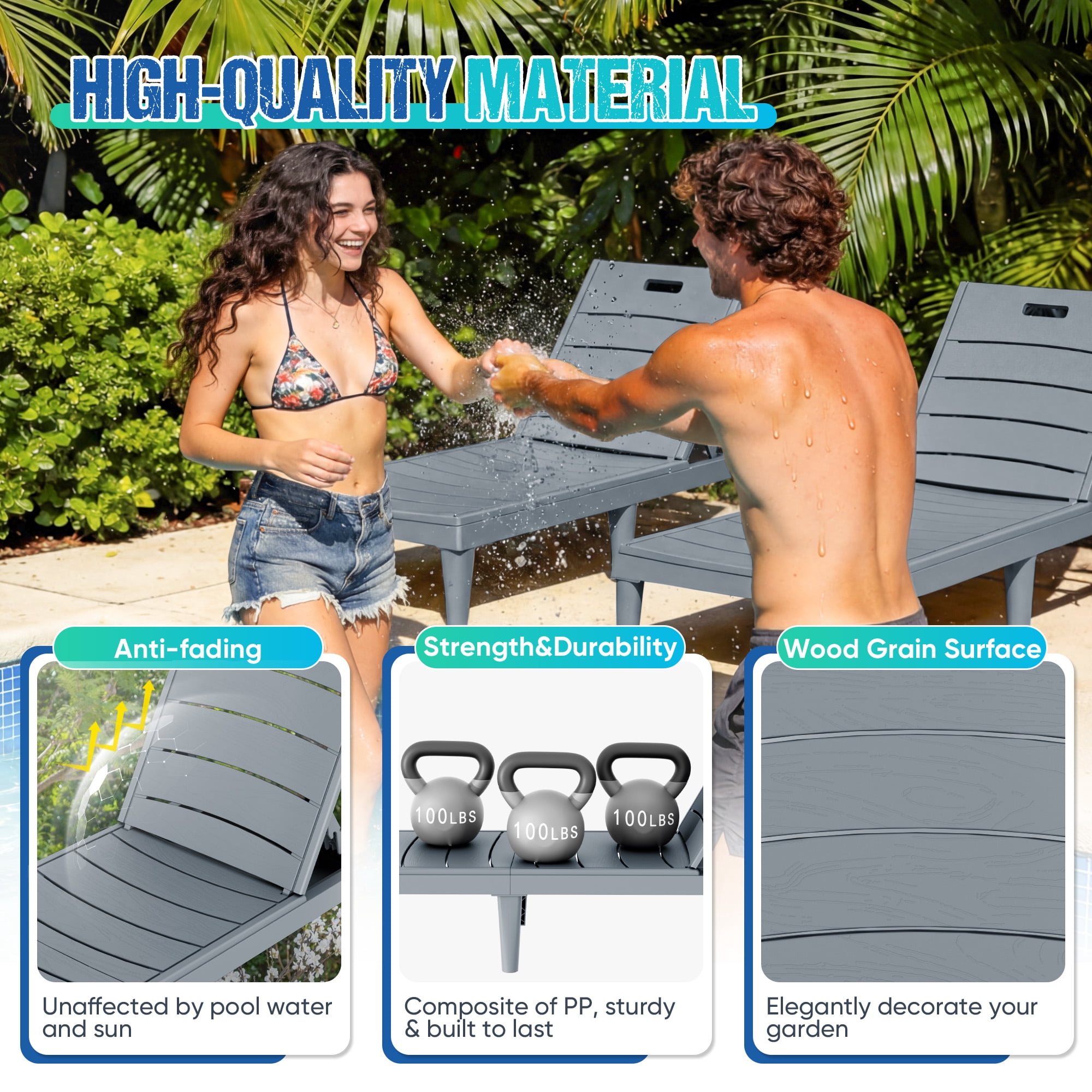 Vineego Set of 2 Patio Outdoor Chaise Lounge Chair Recliner with Adjustable Backrest, Gray