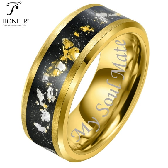 Yellow Gold Plated 8mm Tungsten Carbide Beveled Edge Wedding Band w/ Gold and White Foils Inlay w/ Free Engraving Options