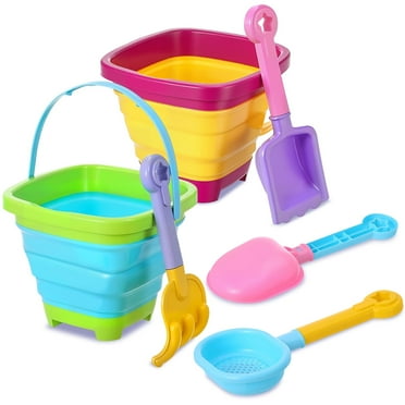 sixwipe 6 Pcs Collapsible Beach Buckets and Sand Toys for Toddlers, Foldable Buckets and Shovels Set for Travel, Pool, Sandbox Play