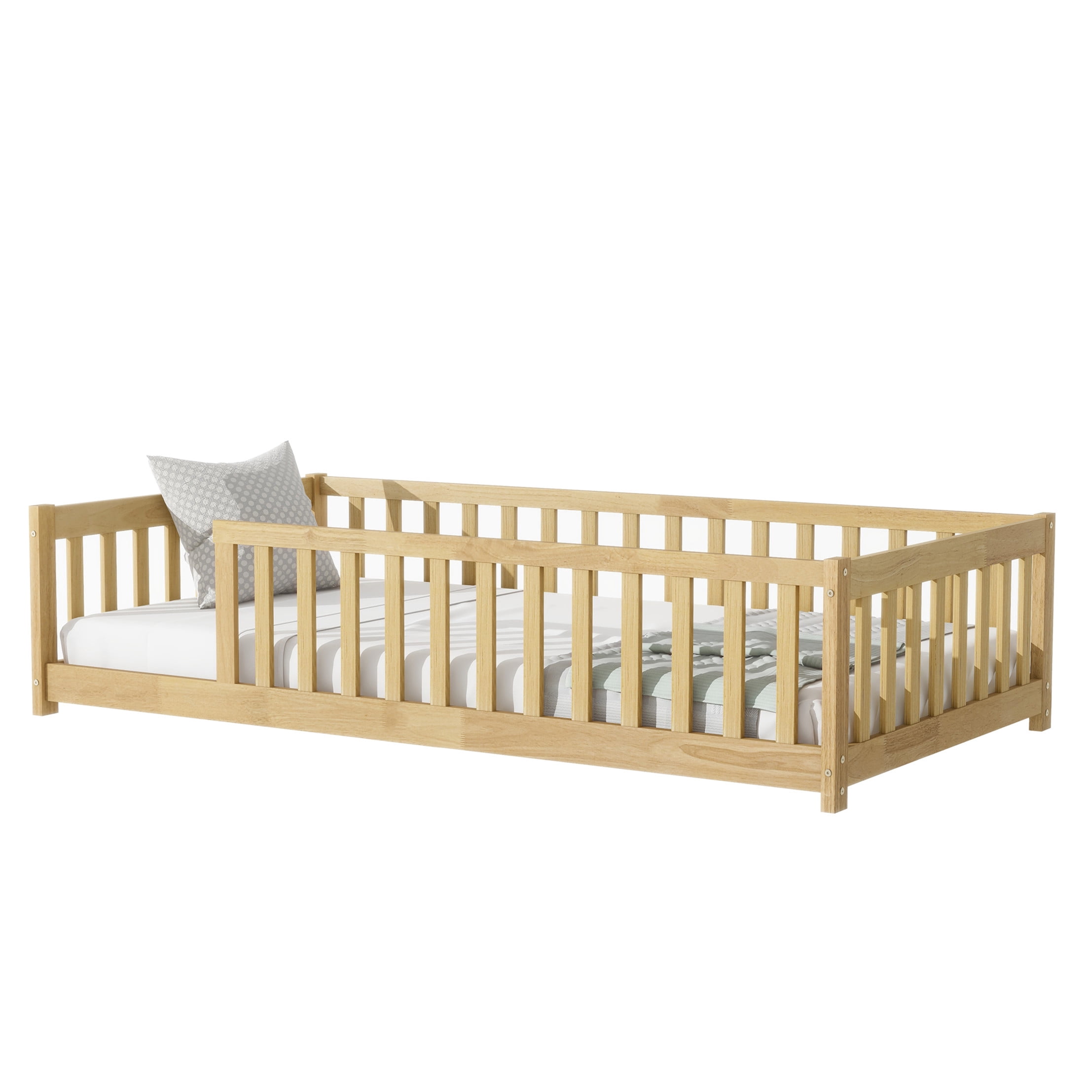 Noble House Nira Twin Size Floor Bed with High Fence, Sturdy Rubber Wood Montessori Bed, Kid's Room, Natural