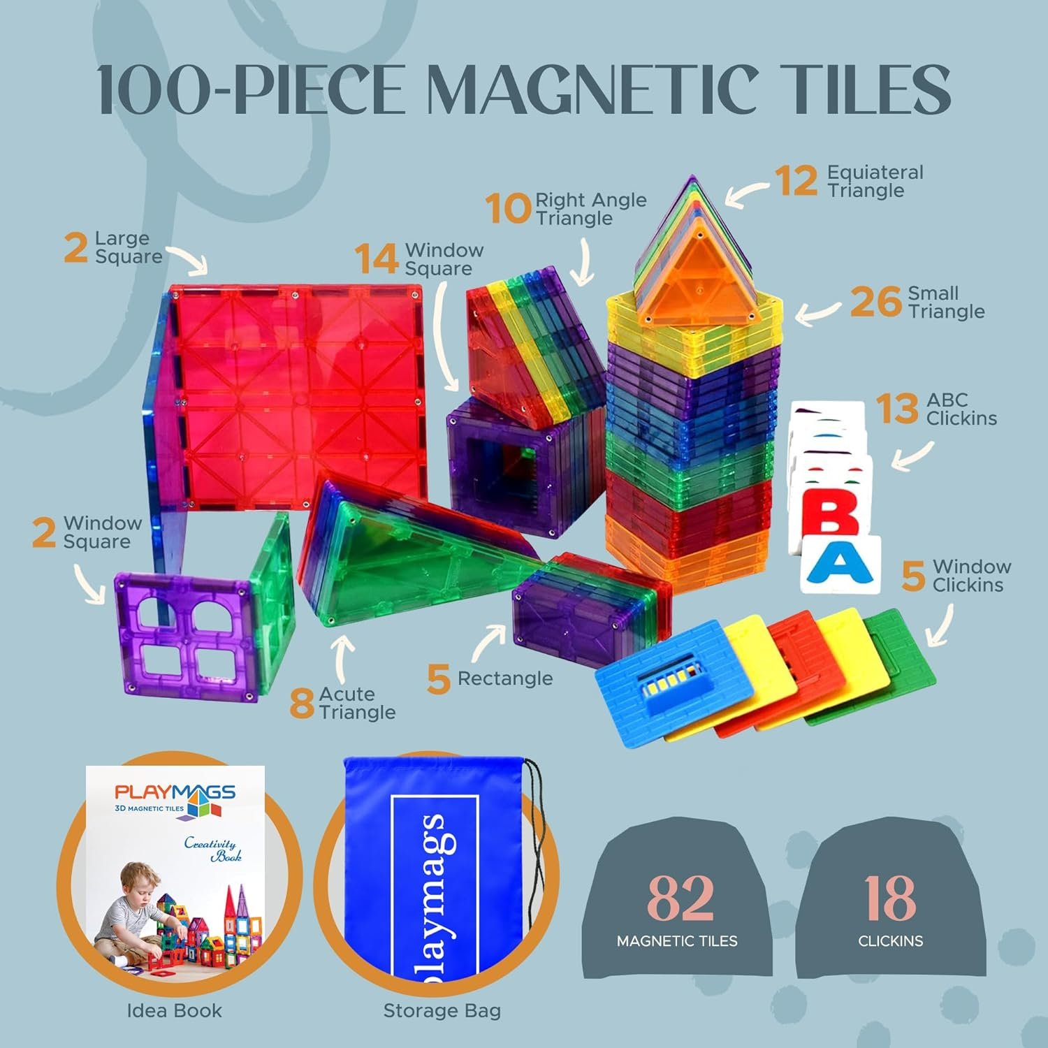 Playmags 100-Piece Magnetic Tiles Building Blocks Set, 3D Magnet Tiles for Kids Boys Girls, Educational STEM Toys for Toddlers - image 2 of 7