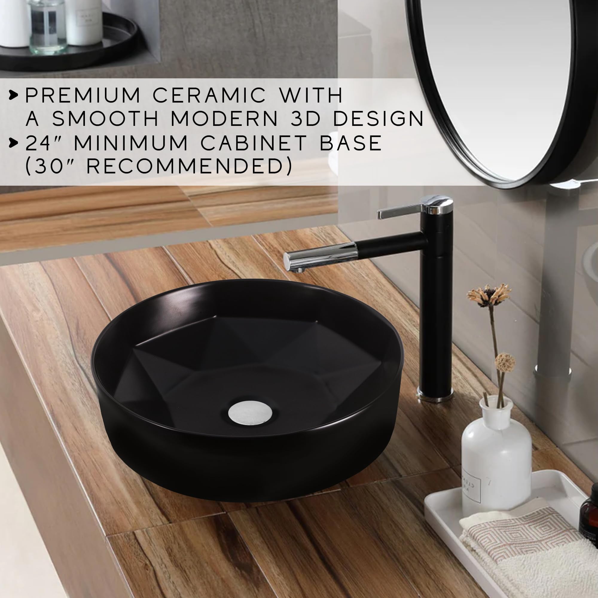 Strictly Sinks Round Ceramic Luxury Vessel Sink - 16 Inch Modern Countertop Bathroom Sink Black
